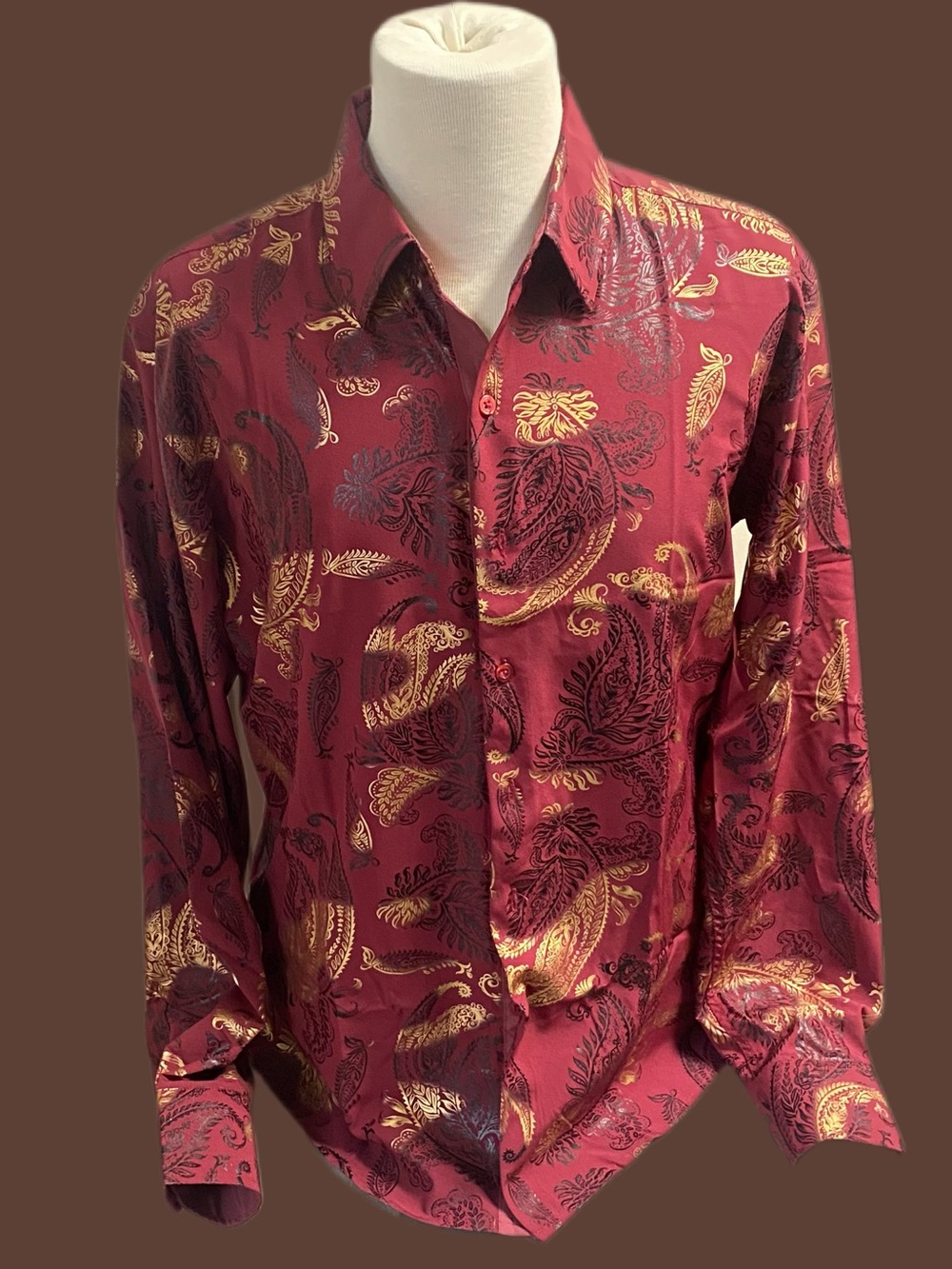 House of Lords NWT Mens Burgundy Paisley Button-Down Shirt with Metallic Gold